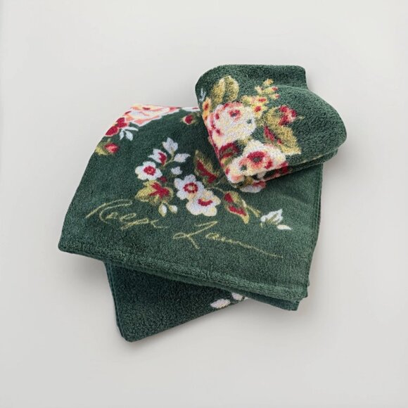 Ralph Lauren LOT OF 3 Green Floral Bathroom Towel Set 2 Bath 1 Hand Rose Vintage - Picture 1 of 16